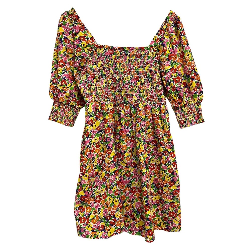 RIXO‎ Floral Mini Dress Women S Multicolor Smocked Bodice Puff Sleeve Cotton
